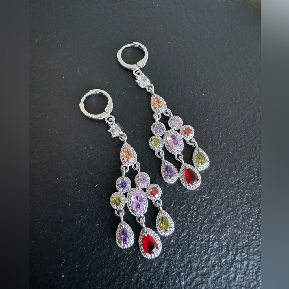 new Rainbow CZ Chandelier Earrings silver plated